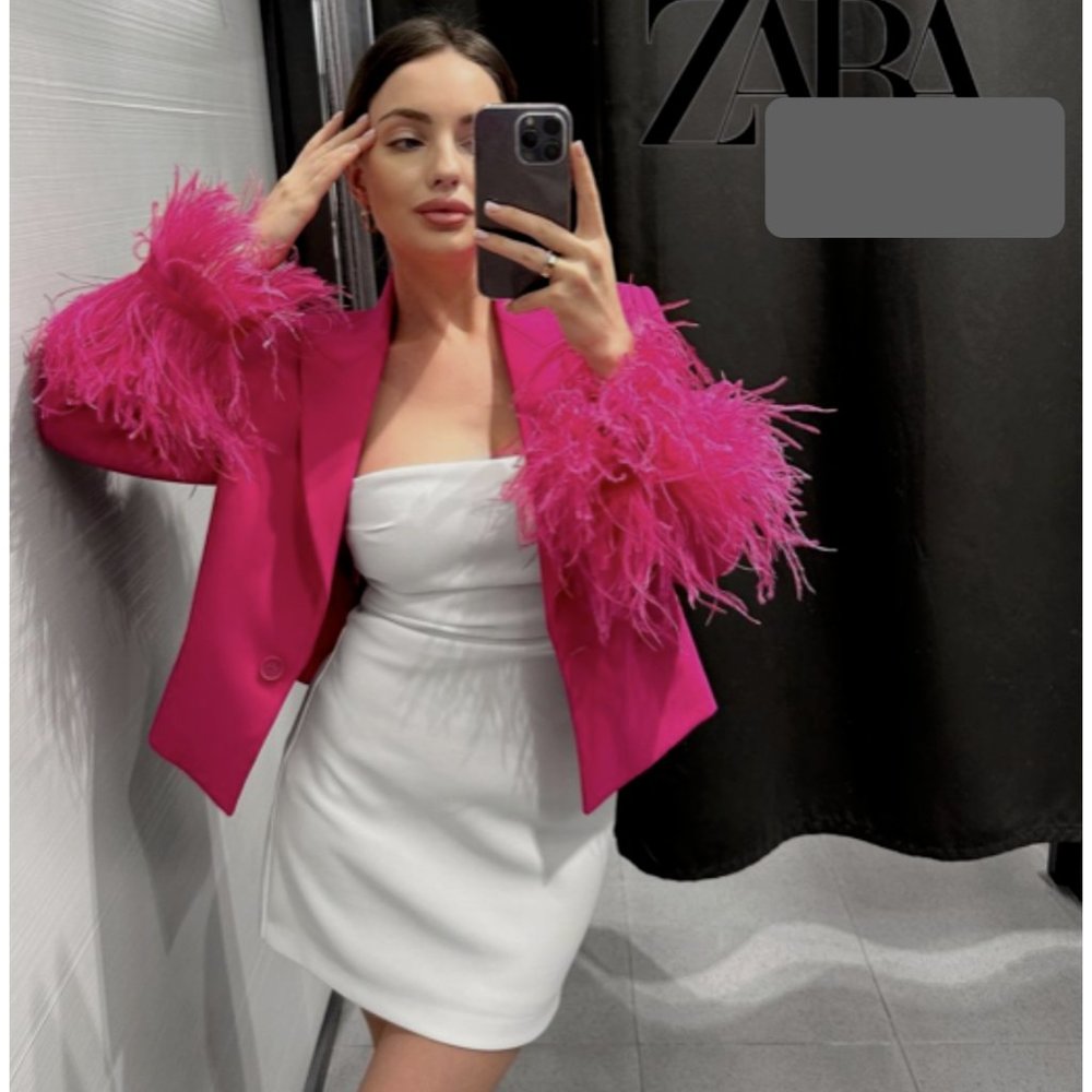 ZARA FUCHSIA SHORT FEATHER BLAZER JACKET XS S M NWT - Picture 3 of 10